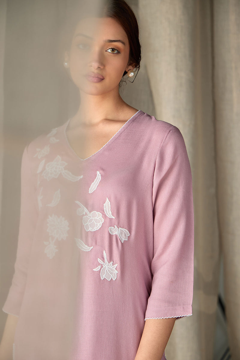Blossom Pink Applique Linen Kurta Set