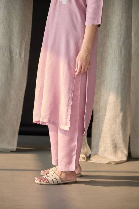 Blossom Pink Applique Linen Kurta Set