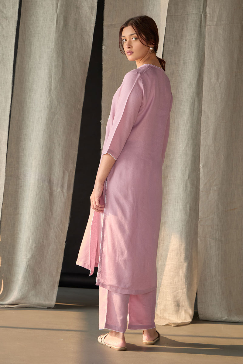 Blossom Pink Applique Linen Kurta Set