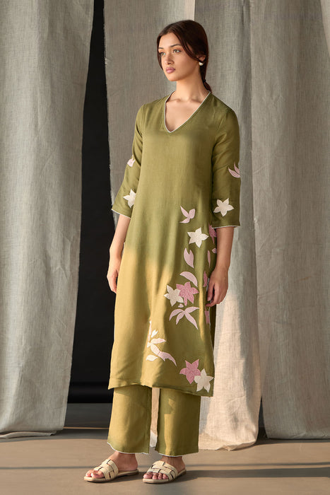 Olive Linen Applique Kurta Set