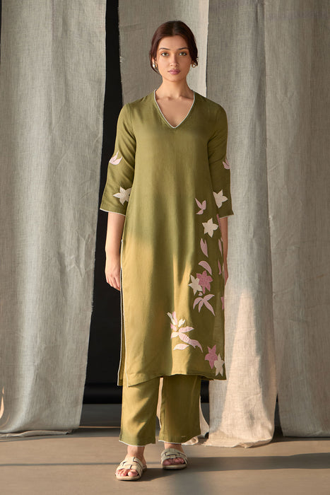 Olive Linen Applique Kurta Set