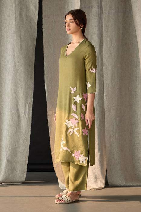 Olive Linen Applique Kurta Set