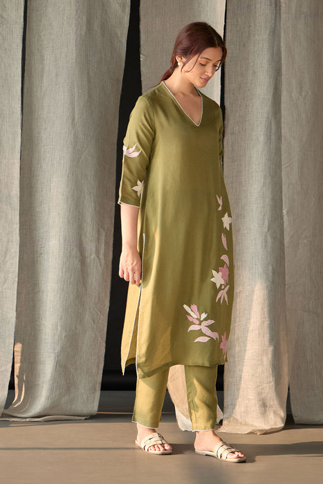 Olive Linen Applique Kurta Set