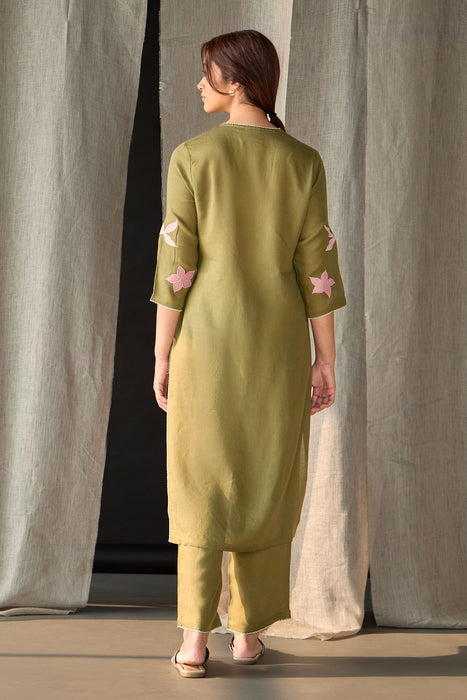 Olive Linen Applique Kurta Set