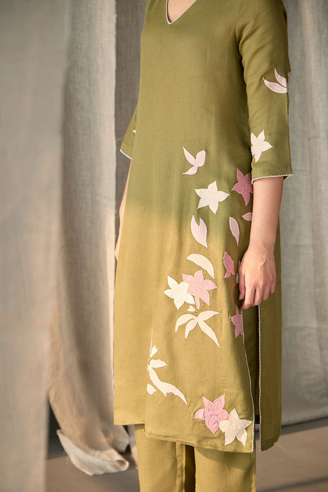 Olive Linen Applique Kurta Set