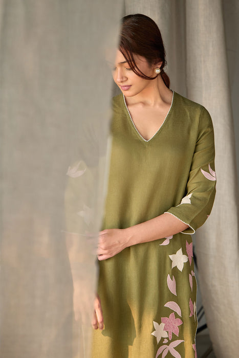 Olive Linen Applique Kurta Set