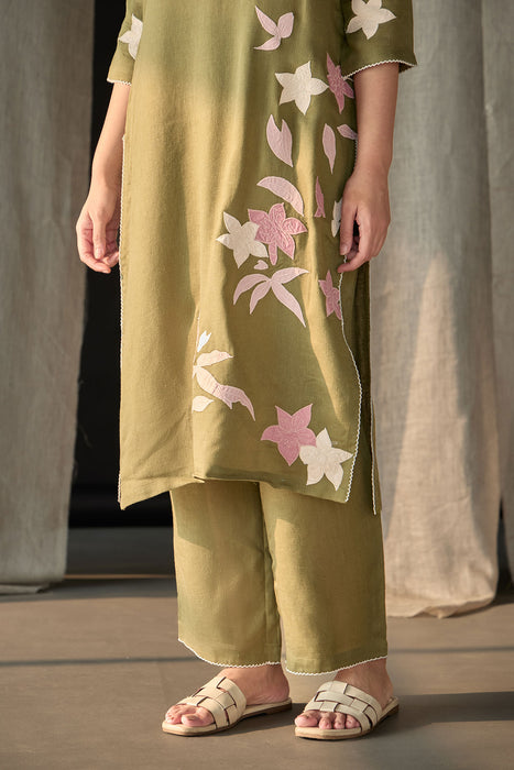 Olive Linen Applique Kurta Set