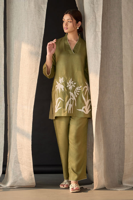 Olive Applique Linen Co-ord Set
