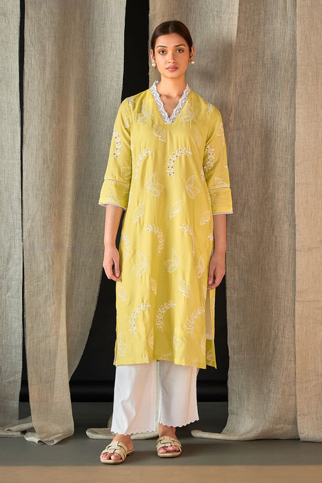 Yellow Linen Schiffli Cutwork Kurta