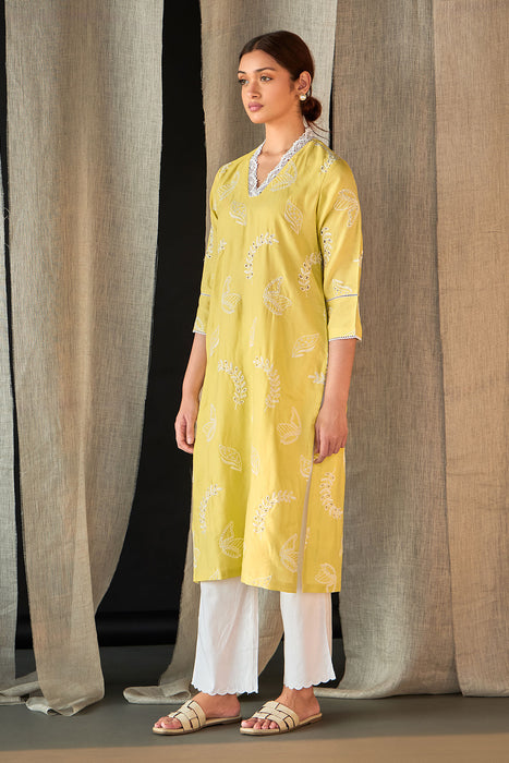 Yellow Linen Schiffli Cutwork Kurta