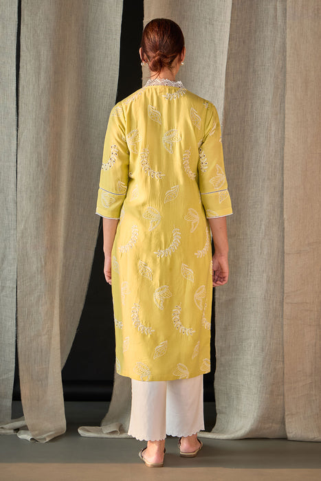 Yellow Linen Schiffli Cutwork Kurta
