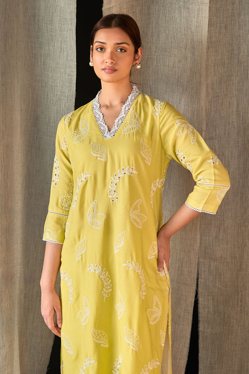 Yellow Linen Schiffli Cutwork Kurta