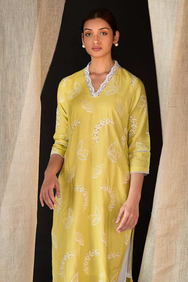 Yellow Linen Schiffli Cutwork Kurta