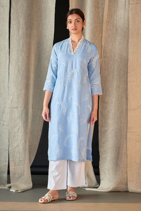 Blue Linen Schiffli Cutwork Kurta
