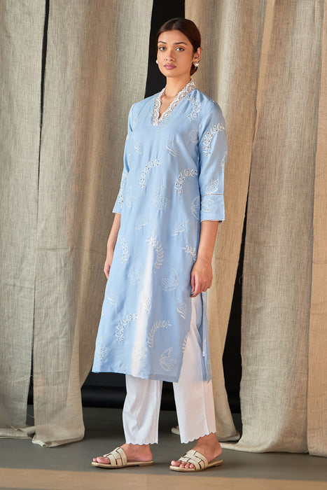 Blue Linen Schiffli Cutwork Kurta