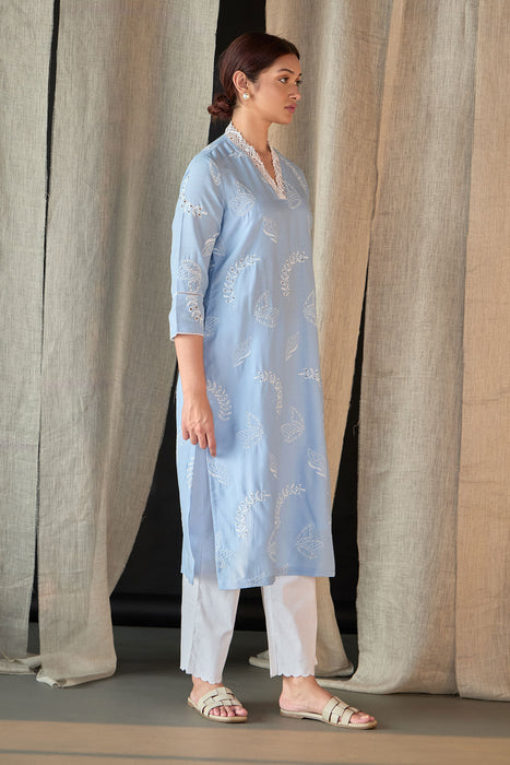 Blue Linen Schiffli Cutwork Kurta