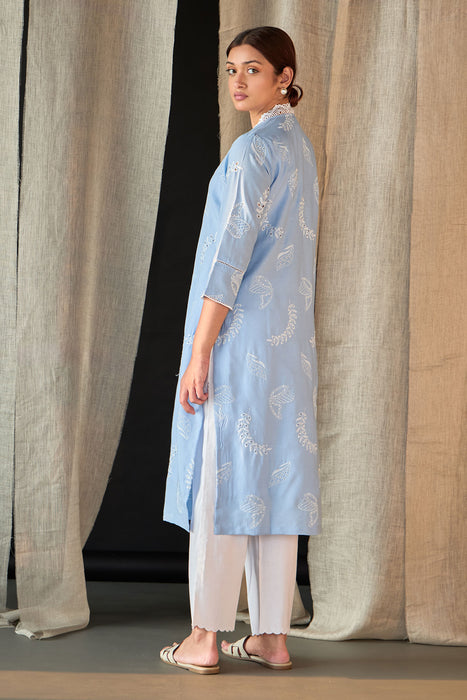Blue Linen Schiffli Cutwork Kurta