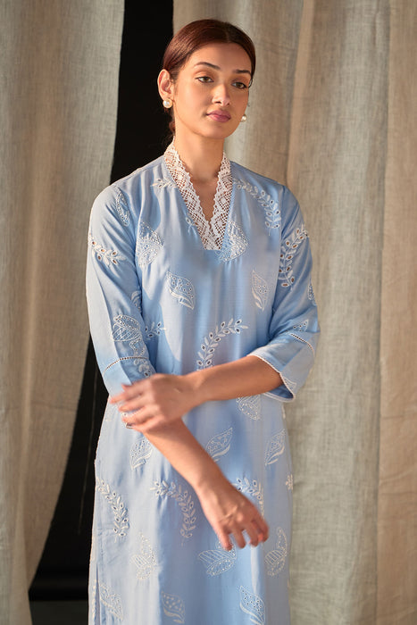 Blue Linen Schiffli Cutwork Kurta