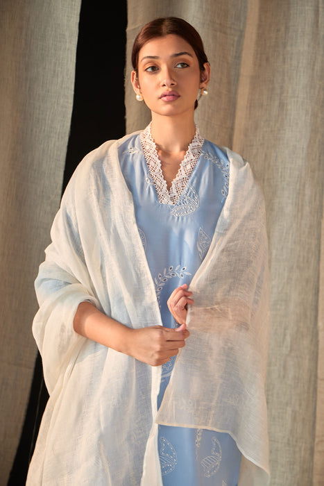 Blue Linen Schiffli Cutwork Kurta