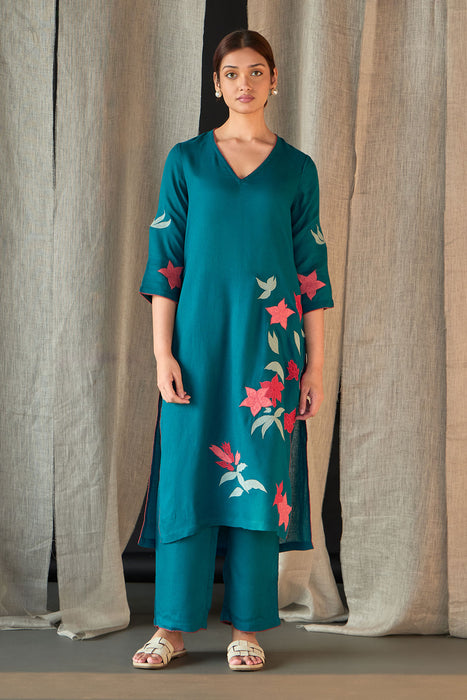 Teal Linen Applique Kurta Set
