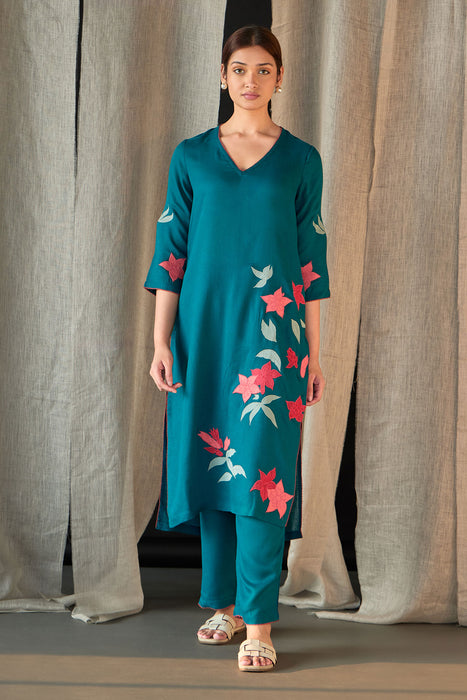 Teal Linen Applique Kurta Set