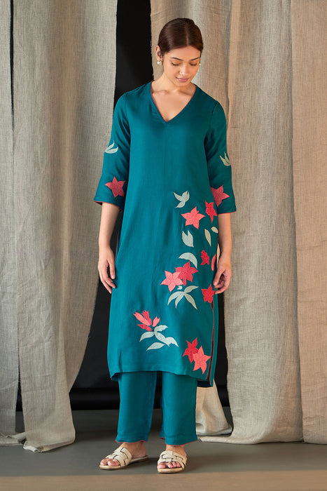 Teal Linen Applique Kurta Set
