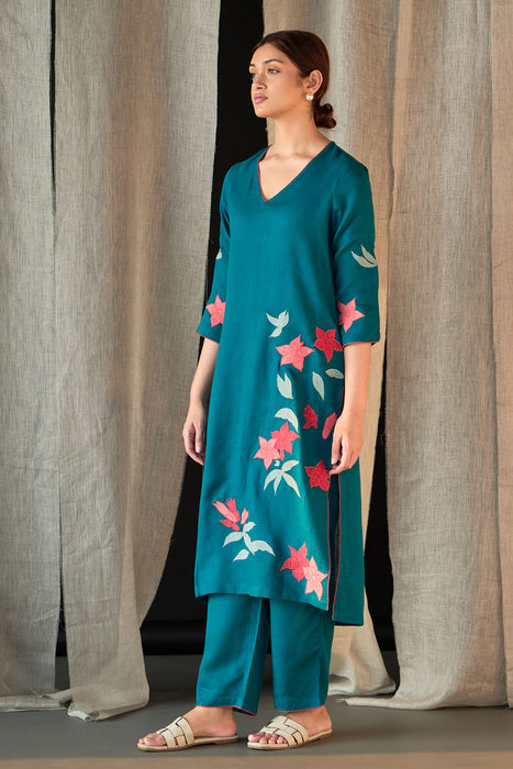 Teal Linen Applique Kurta Set