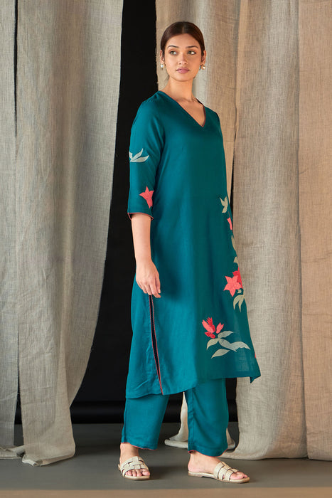 Teal Linen Applique Kurta Set
