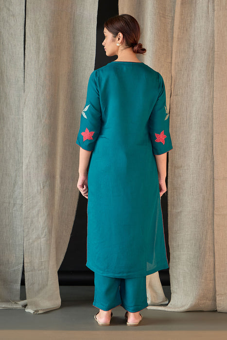 Teal Linen Applique Kurta Set