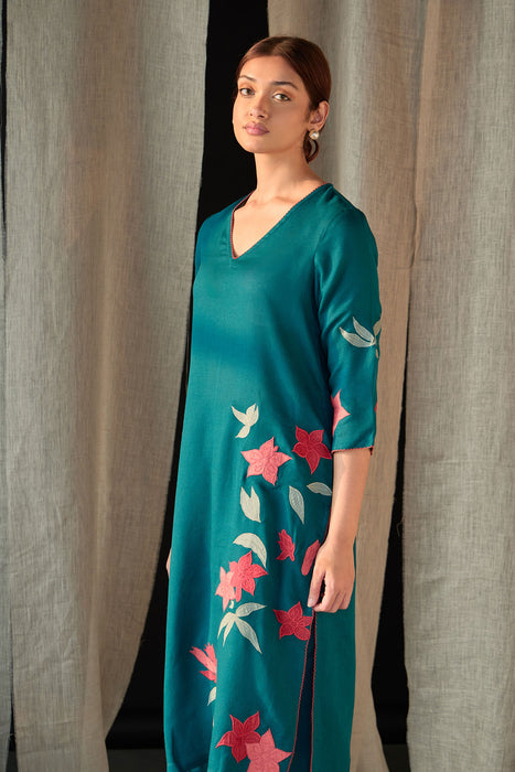 Teal Linen Applique Kurta Set