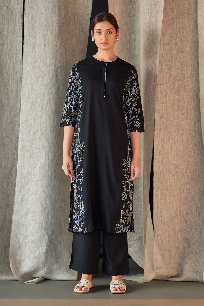 Black Embroidered Tencel Kurta Set
