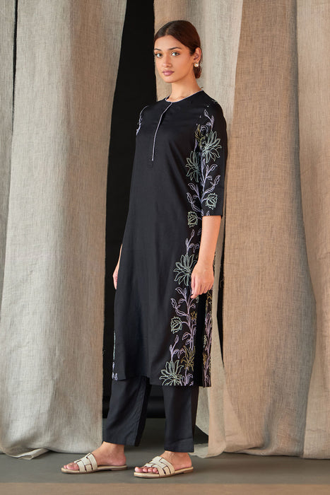 Black Embroidered Tencel Kurta Set