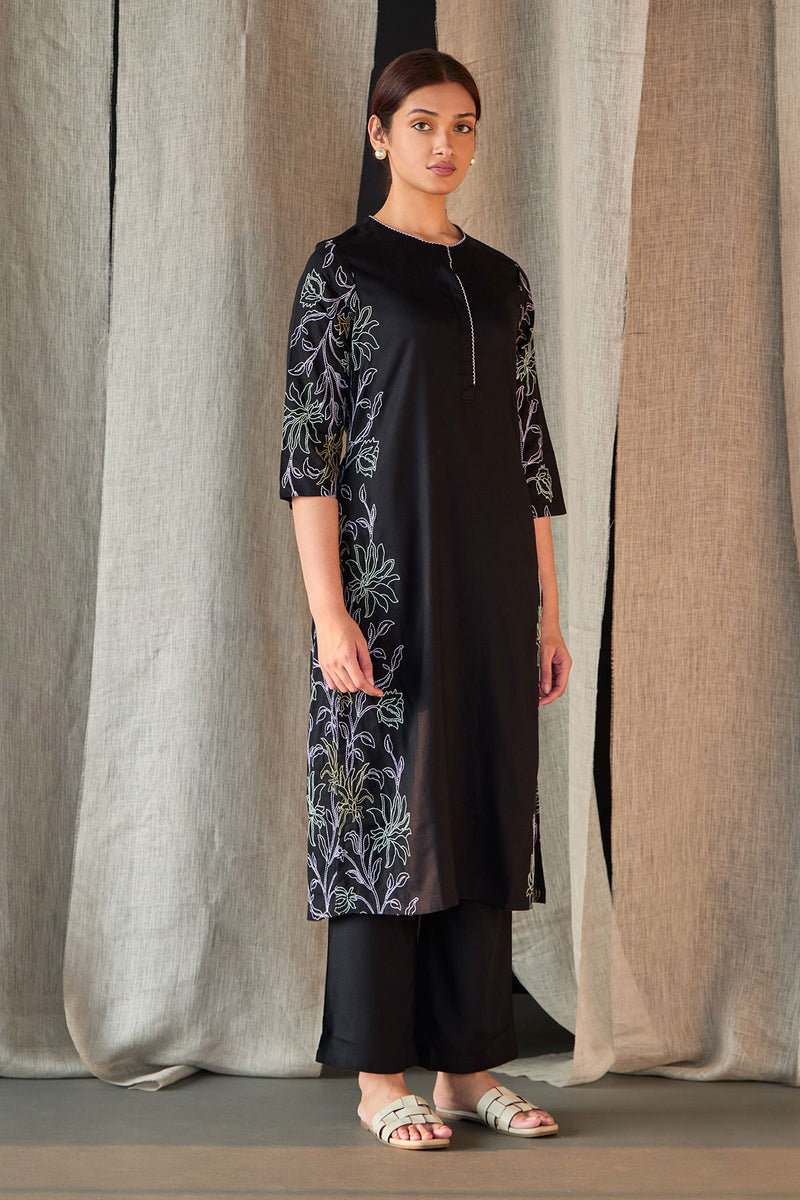 Black Embroidered Tencel Kurta Set