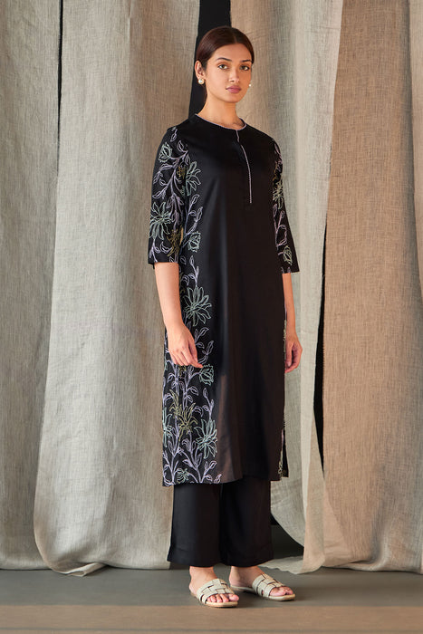 Black Embroidered Tencel Kurta Set