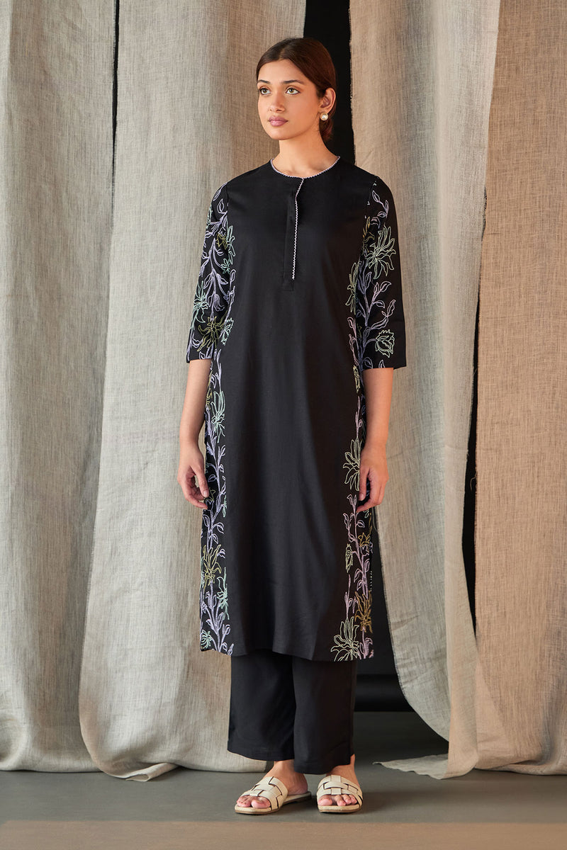Black Embroidered Tencel Kurta Set