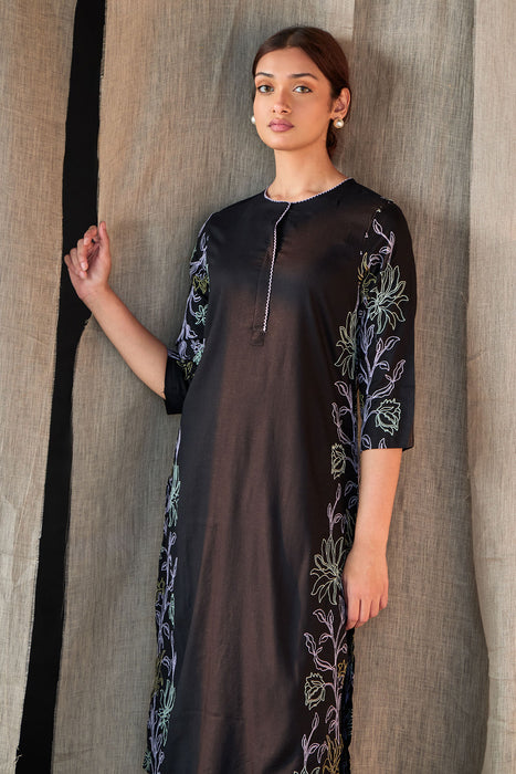 Black Embroidered Tencel Kurta Set