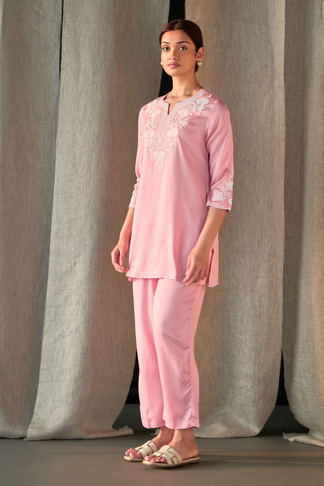 Pink Yoke Embroidered Ecovero Co-ord Set