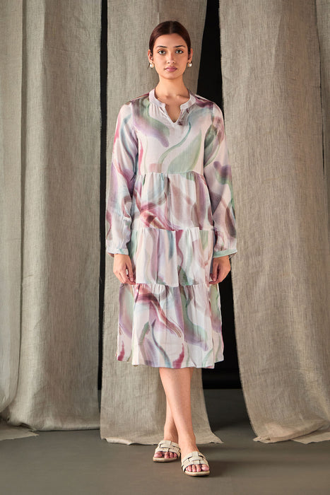 Abstract Midi Tier Linen Dress-Purple White