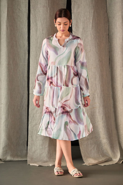 Abstract Midi Tier Linen Dress-Purple White