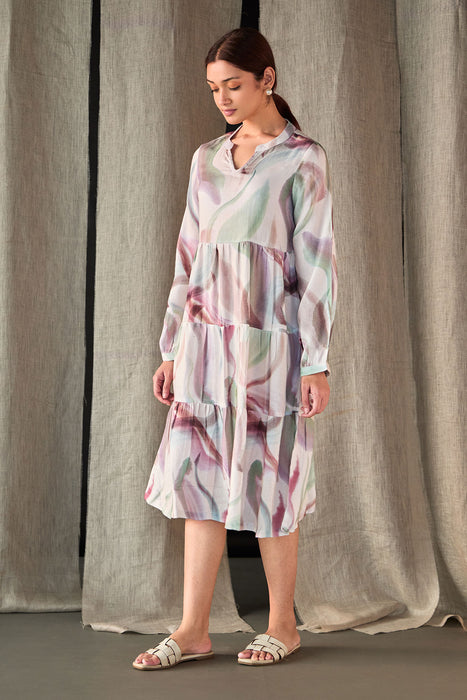 Abstract Midi Tier Linen Dress-Purple White