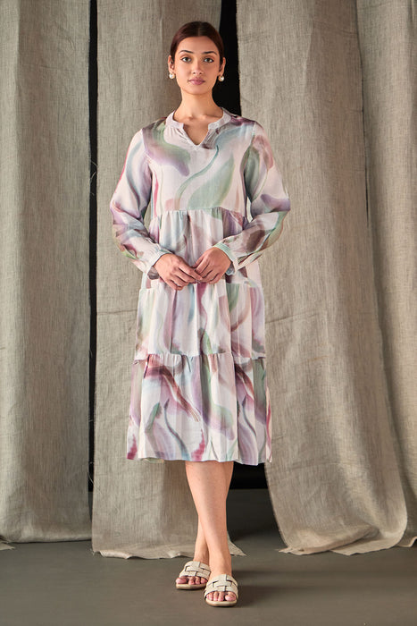 Abstract Midi Tier Linen Dress-Purple White