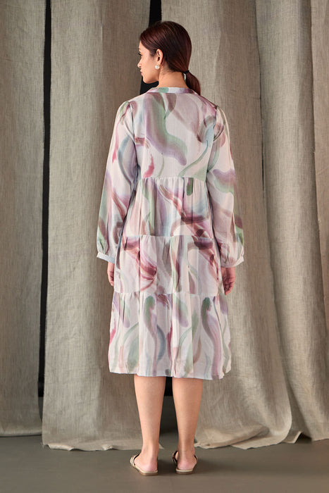 Abstract Midi Tier Linen Dress-Purple White