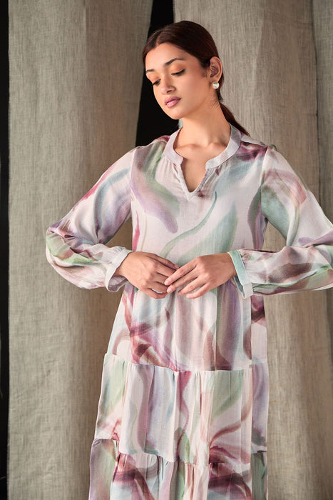 Abstract Midi Tier Linen Dress-Purple White