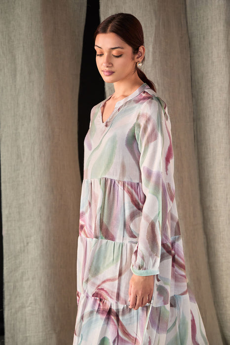 Abstract Midi Tier Linen Dress-Purple White