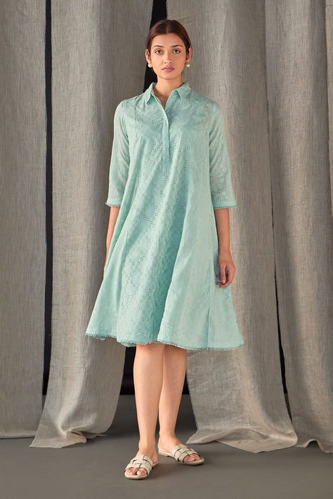 Aqua Pure Cotton Schiffli Cutwork Dress
