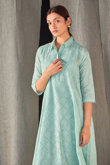 Aqua Pure Cotton Schiffli Cutwork Dress