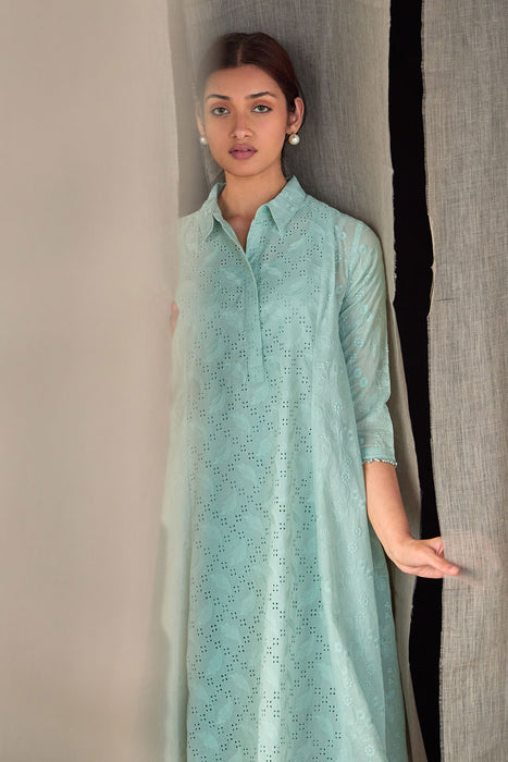 Aqua Pure Cotton Schiffli Cutwork Dress