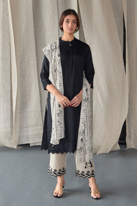 Hand Scalloped Black Kurta set with Tonal Embroidery