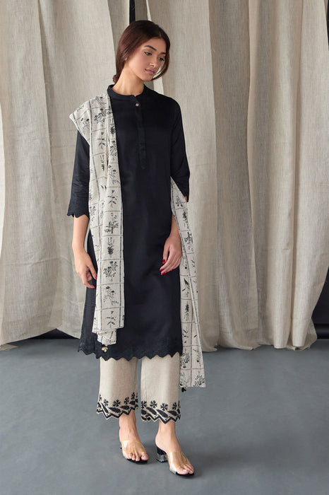 Hand Scalloped Black Kurta set with Tonal Embroidery