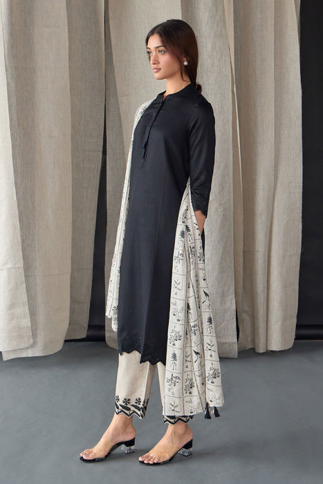 Hand Scalloped Black Kurta set with Tonal Embroidery